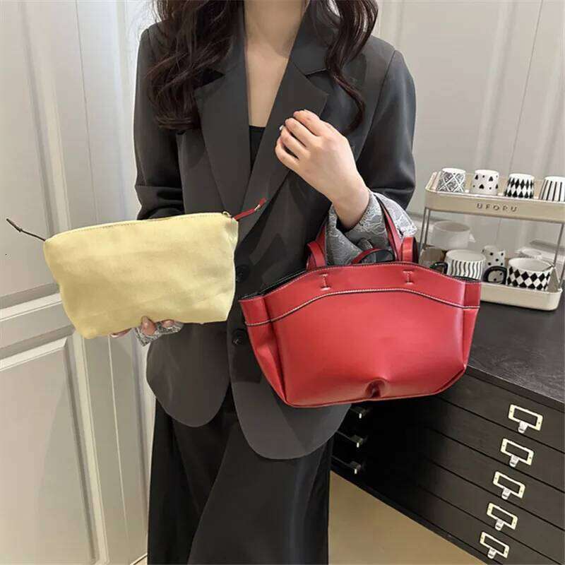 Solid Color Soft Leather Handbag Women Single Shoulder Tote Bag, Large Capacity Commuting Set Handbags Shopping Cross Body Bags Y260205