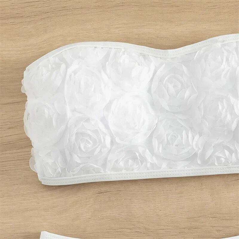 Sexy 3D Flower White Bandeau Bikini High Waist Swimwear 2025 Women Push Up Swimsuits Bathing Suit Bikinis Sets De Mujer Bathers XJ260206