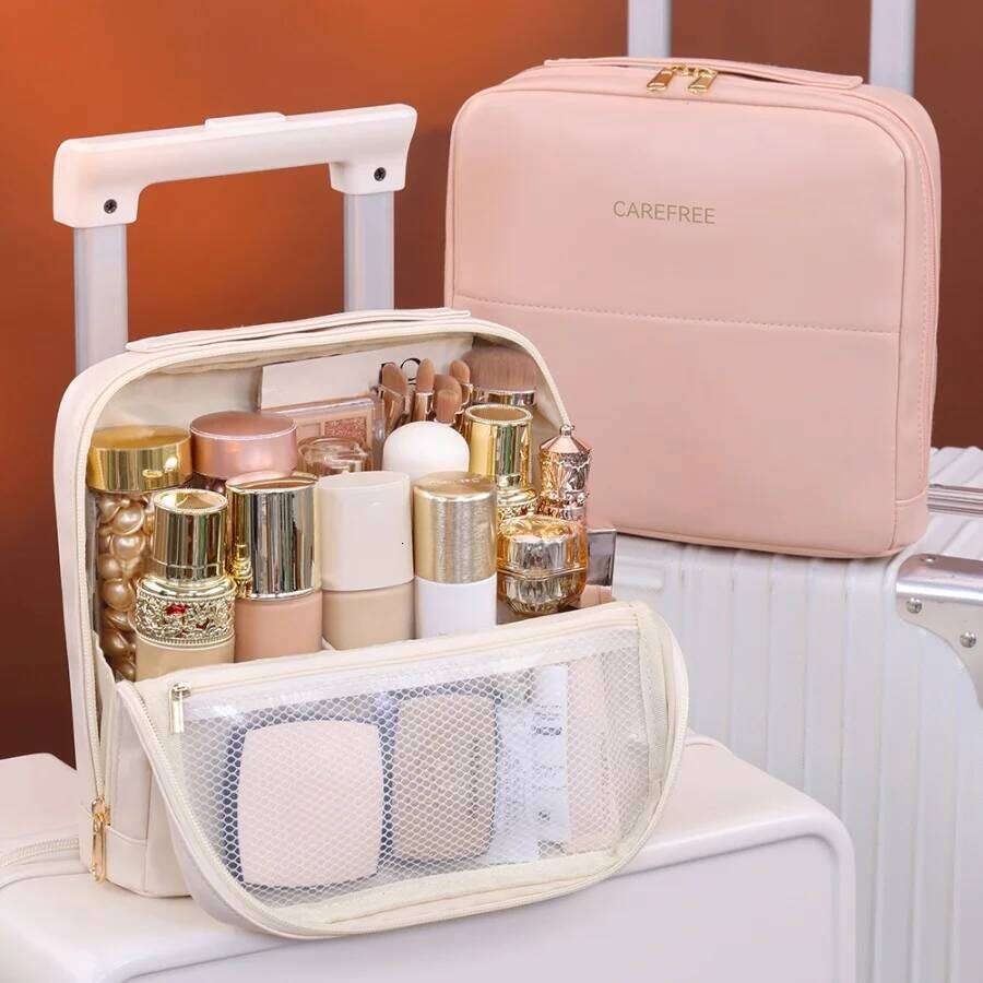 PU Standing Cosmetic Bag Portable Large Capacity Partitioned Makeup Organizer For Travel And Daily Use Y260206