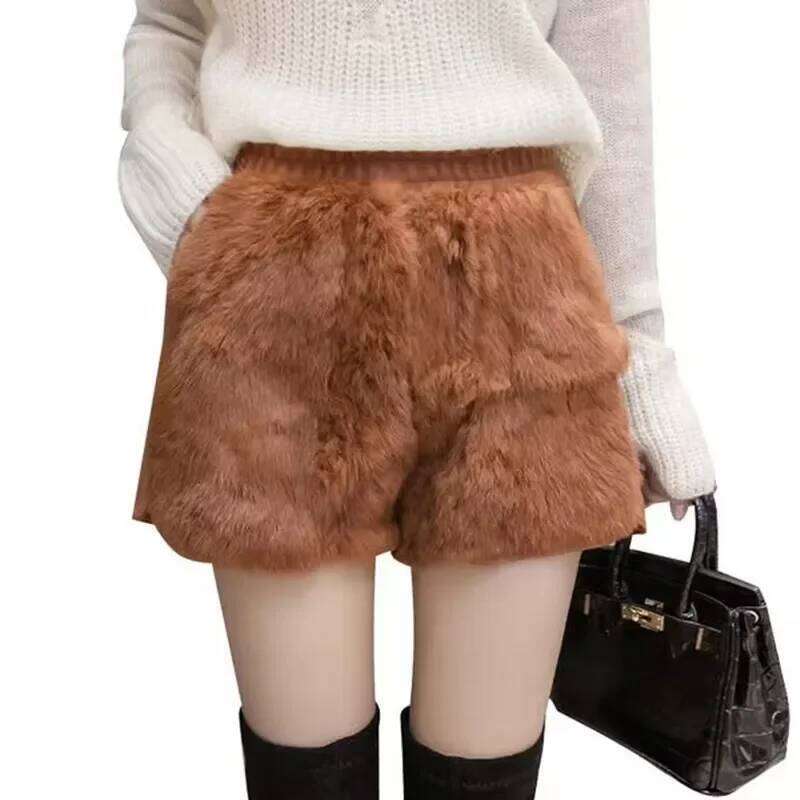 Elastic High Waist Plush Autumn Winter Artificial Fur Thick Women Femme Casual Ladies Shorts Black Boots Pant R20 XJ260206