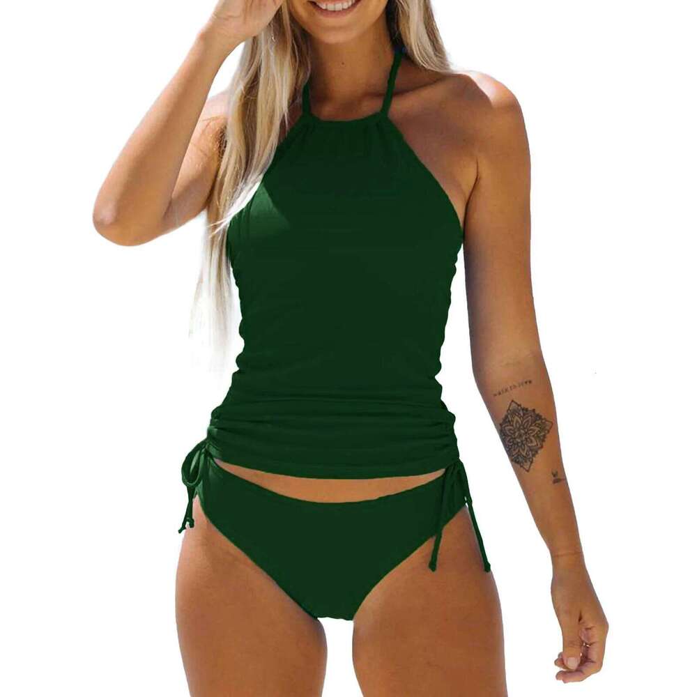 New Basics Charming Women Bikini Set, Neck Hanger Sleeveless Backless Crop Tops Solid Color Panties for Summer Z260206