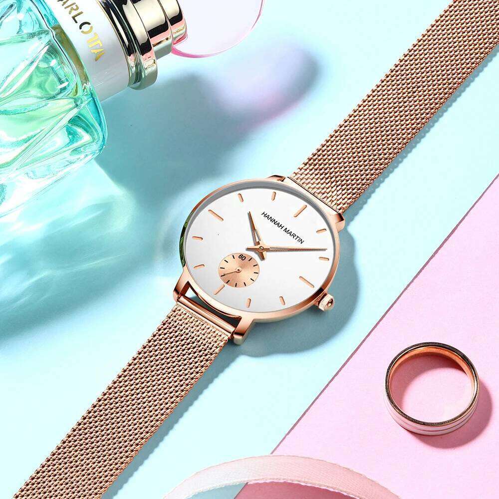 HANNAH MARTIN Brand Watch Rose Gold Dial 33mm Stainless Steel Mesh Strap Casual Fashion Dropshipping Quartz Women Watches Z260206