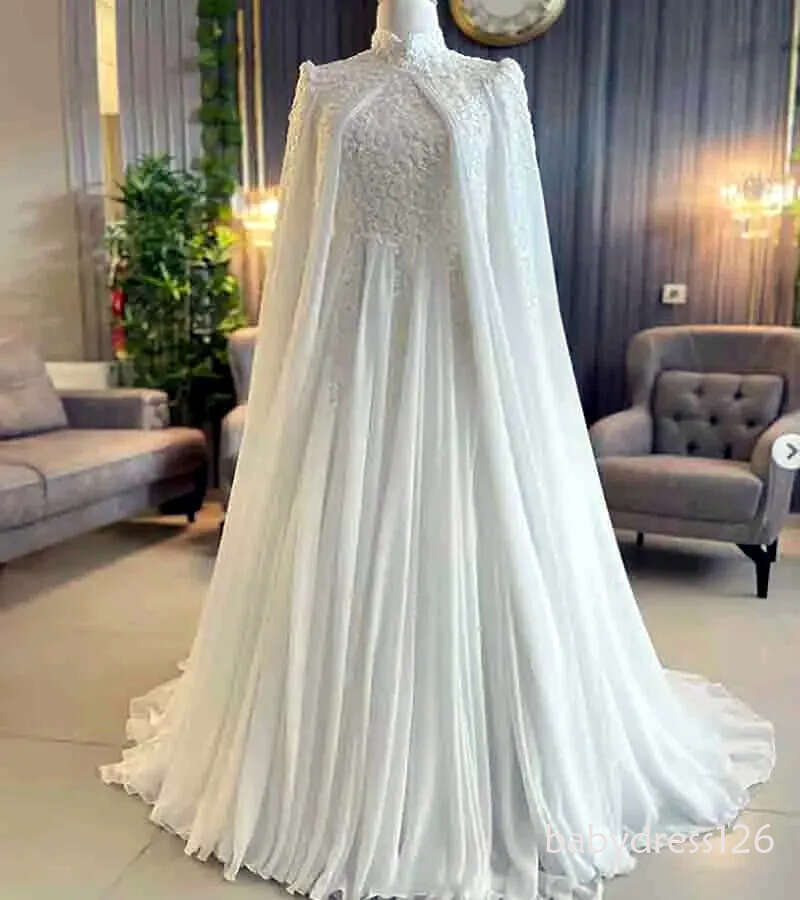 Elegant Arabic Muslim A Line Wedding Dresses With Cape Wrap 2026 Lace Appliques Long Sleeves High Neck Bridal Gowns Modest Dubai Vestido De Novia BC19