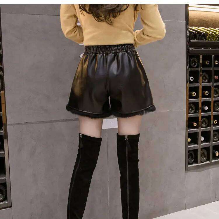 Women's Elastic Fleece Shorts, High Waist, Thick, Warm, PU, Casual, Ladies, Black Boots Pant, New, Autumn, Winter 2024 XJ260206