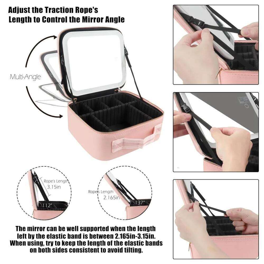 Makeup Bag LED Mirror Travel Large Train Case Cosmetic Organizer Make Up Bags with 3 Color Lights and Adjustable Dividers Y260206