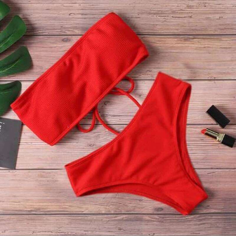 2025 New High Waist Strapless Sexy Bikini Swimwear Women Fashion Swimsuit Padded Bathing Suit Monokin Pure Color Z260206