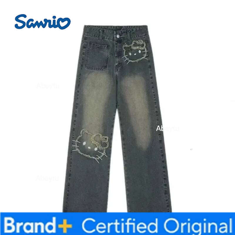 Sanrio Street Vintage Embroidered Pic Wide Leg Jeans Women's Summer New High Waist Loose Elegant Student Straight Denim Trousers H260206