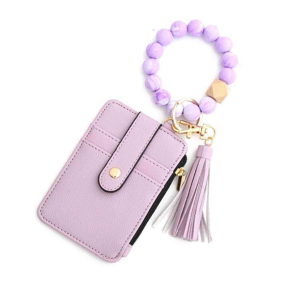 New Arrival PU ID Credit Wallet with Wristlet Bangle Silicone Bead Tassel Card Holder Leather Keychain Y260206
