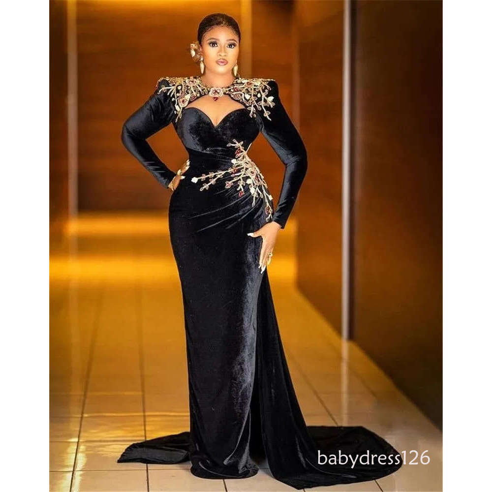 Luxury 2026 Black Velvet African Mermaid Evening Dresses With Beaded Crystal Two Pieces O Neck Plus Size Prom Gowns For Nigeria Vestidos De Gala J21