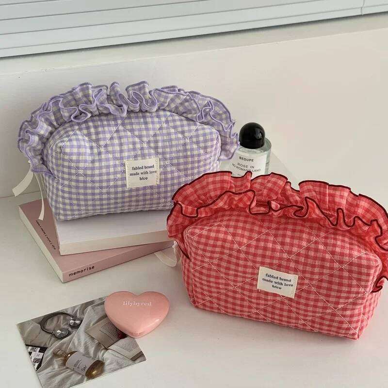 Red White Checkered Makeup Bag with Lace Trim Large Capacity Portable Cosmetic Pouch for Women Travel Y260206