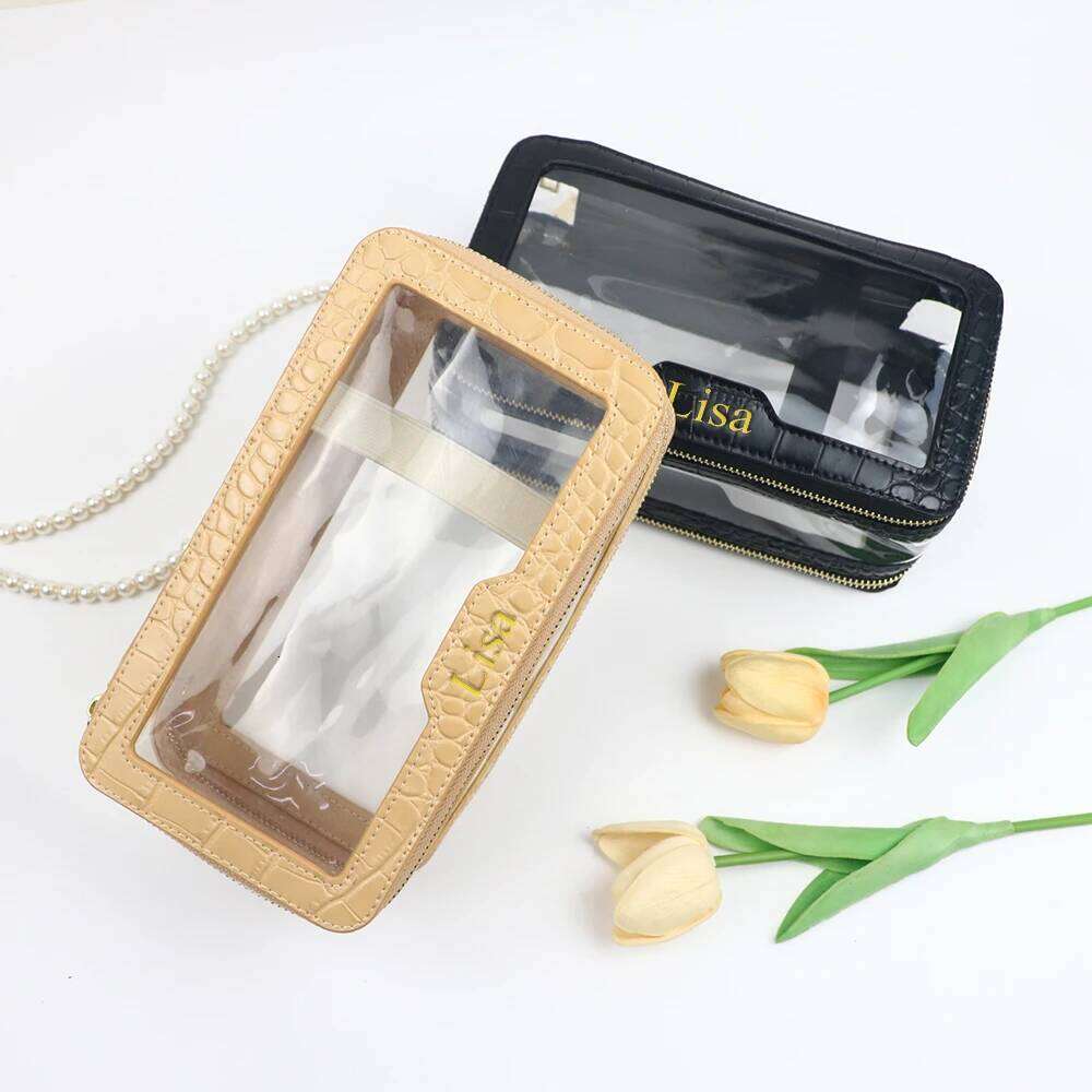 Customized name PU leather + transparent TPU toiletry travel portable makeup bag, large-capacity waterproof storage bag Y260206