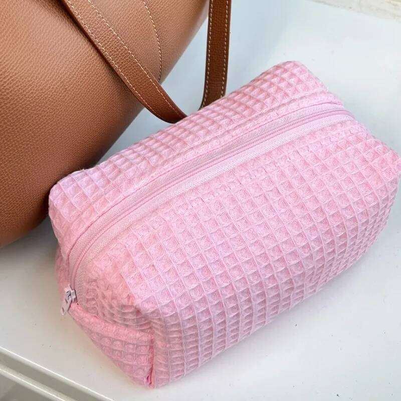 Cute Square Cosmetic Pink Plaid Storage Make Up Bags for Women Lady with Zipper Travel Organizer Makeup Bag Y260206
