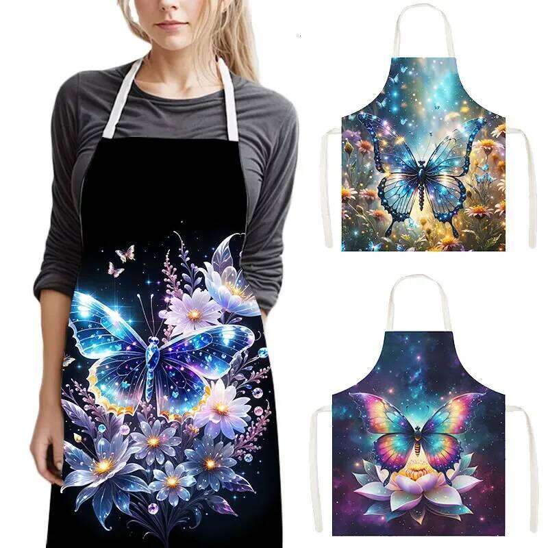 Wonderful Butterfly Flower Print Kitchen Apron Women Men Baking Home Cleaning Clothing Chef Waiter Cooking Pinafore Gift S260205
