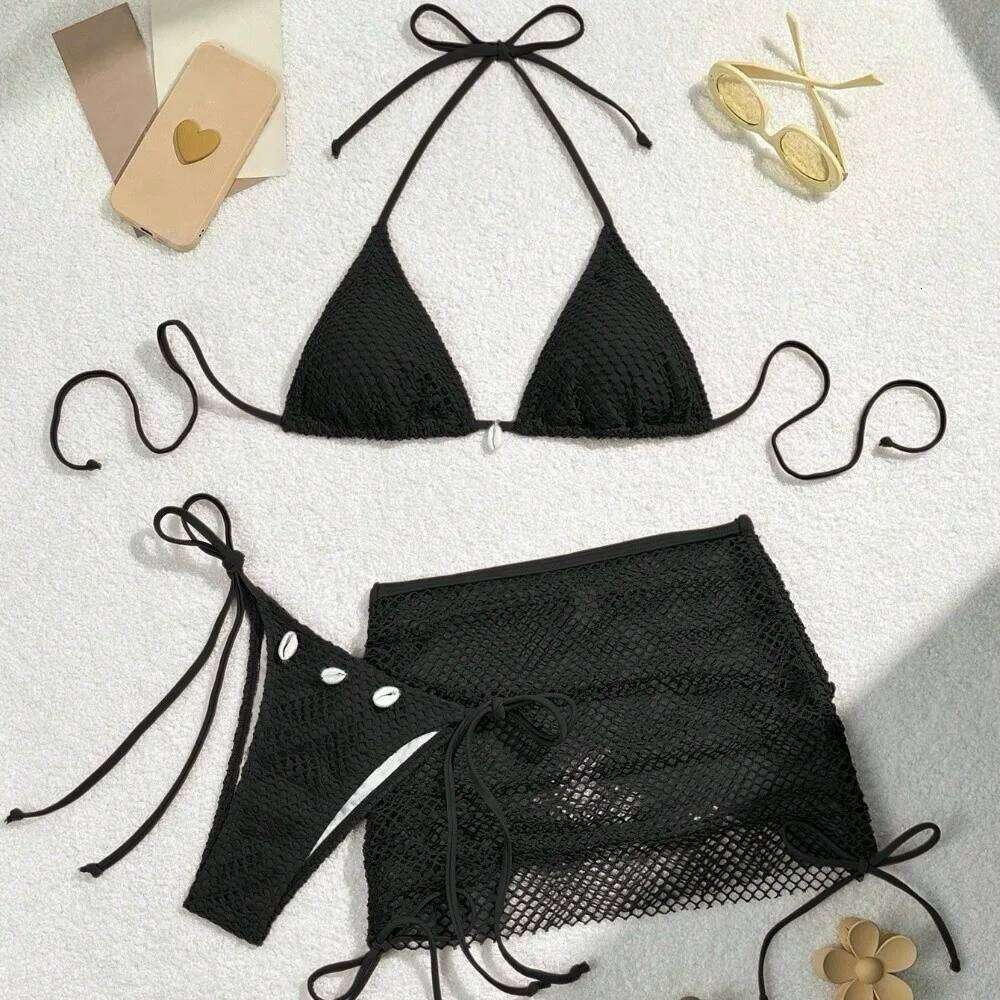 Casual Mesh 3 in 1 Swimwear Set Slim Fit Deep-V Bikini Bathing Suit Beachwear Clothing Lace Up Sleeveless Swimsuit Beach Z260206
