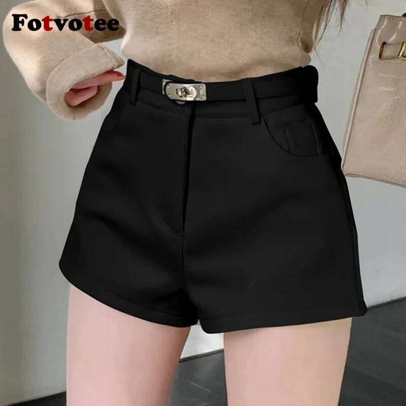 FOTVOTEE Fashion High Waisted Women Casual Solid Slim Short Pants with Belt 2025 New Retro All Match Simple Female Shorts XJ260206