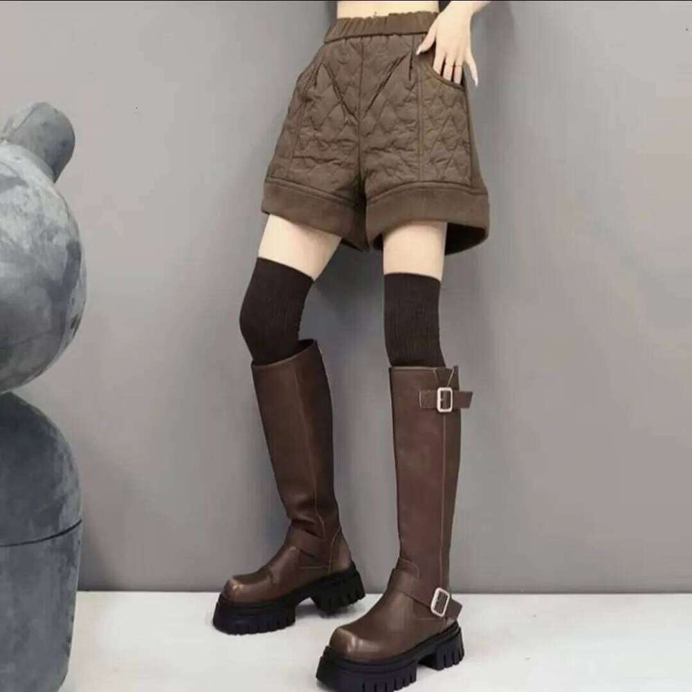 Women's High Waist Wide Leg Pants Cotton Padded Fleece Warm Shorts Casual Ladies Boots Black, Autumn, Winter, New 2026 XJ260206