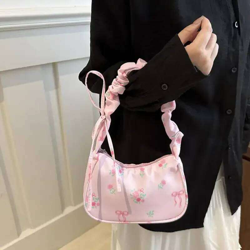 Korean Style Women's Shoulder Bag Y2K Sweet Floral Bow Printed Zipper Tote Pleated Canvas Daily Handbag Y260205