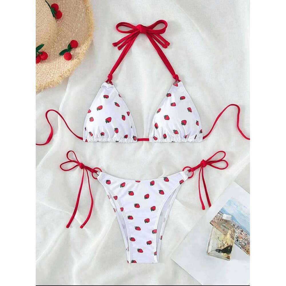 Sexy women cute strawberry print halter string micro bikini sets two pieces swimsuit Swimwear bathing suit beach outfits biquini XJ260206