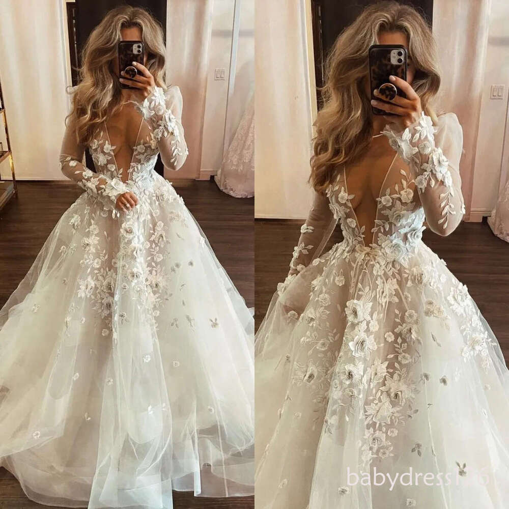 A-line Wedding Dress with Appliques, Plunging V-neck, Long Sleeves, Illusion Neckline, Designer Bridal Gowns
