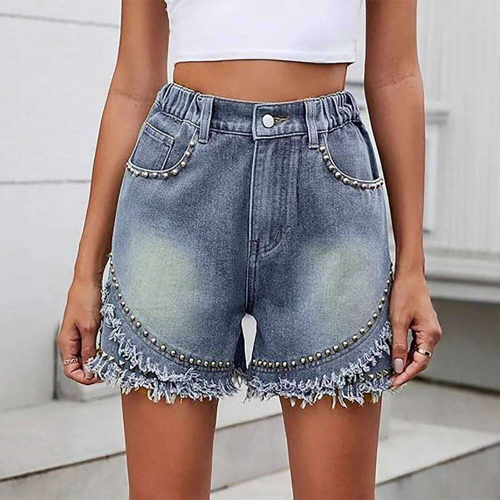 Denim Shorts Women Straight Jeans Stretch High Waist Rivet Distressed Pockets Washed Vintage Streetwear Female Short Pants 2025 H260206
