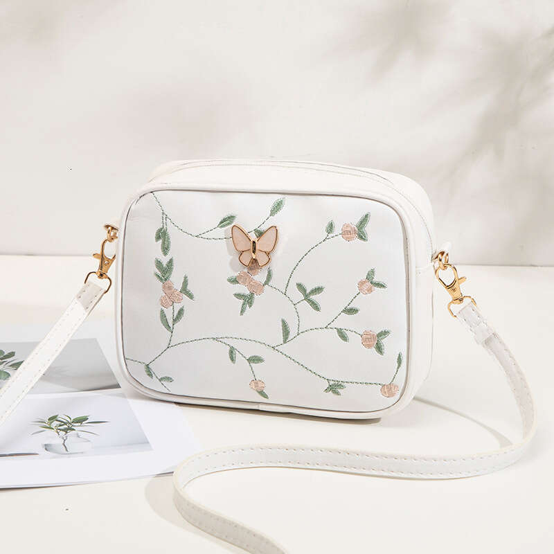 Artistic National Style Branch Leaf Embroidered Small Square Fresh And Elegant Women's Butterfly Mini Crossbody Shoulder Phone Bag MASA