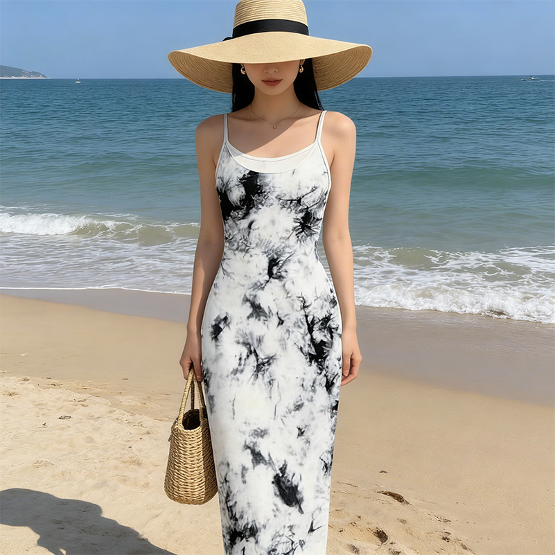 Women's Milk Silk Camisole Dress Ink Wash Print Slim Fit Bodycon Midi Dress for Daily Commute