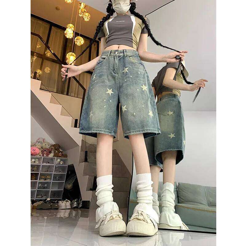 American Style Vintage Women's Short Jeans High Waisted Washed Wide Leg Denim Pants Woman Fashion Do Old Star Knee Length Shorts XJ260206