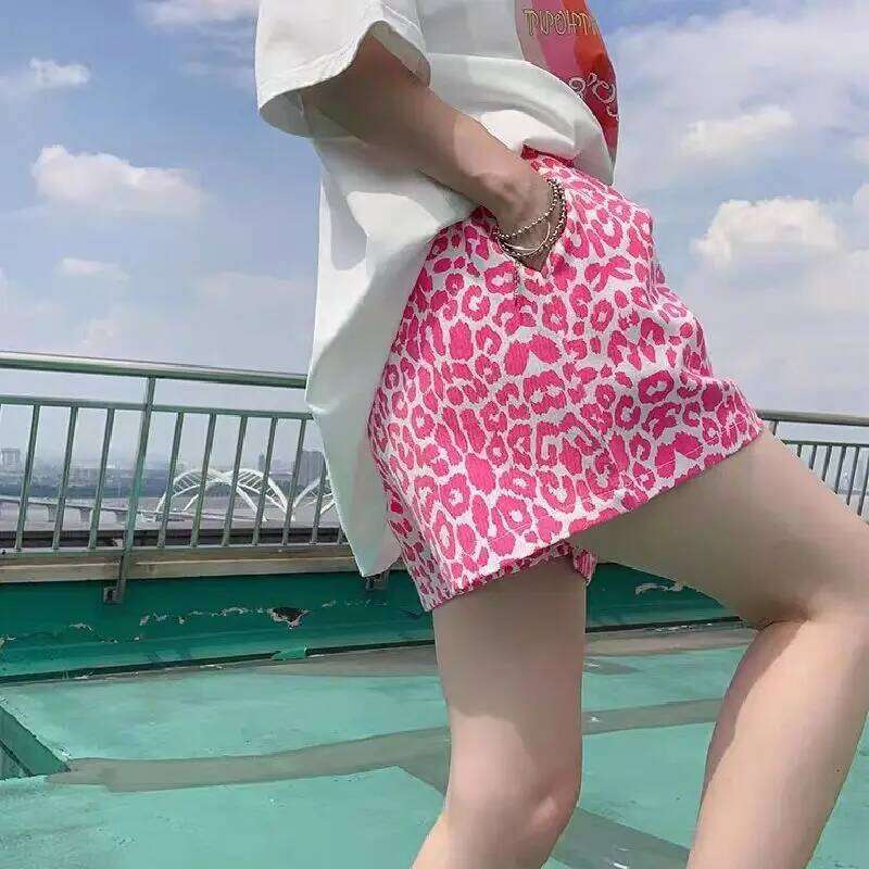 New Summer Blue Leopard Print Shorts for Women Loose Wide-leg Elastic Waist Personality Casual Jeans Hot Pants XJ260206