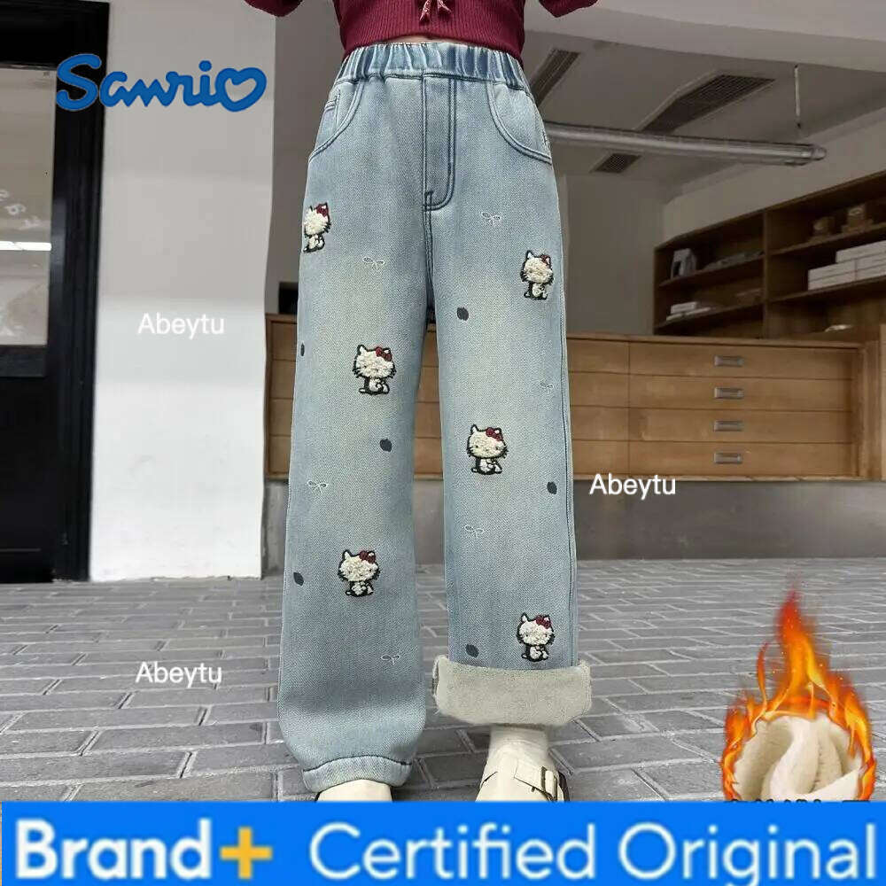 Sanrio Hello Kittys Girls Jeans All-In-One Velvet Autumn Winter New Kawaii Cartoon Leisure Wide Leg Pants Thicken Keep Warm H260206