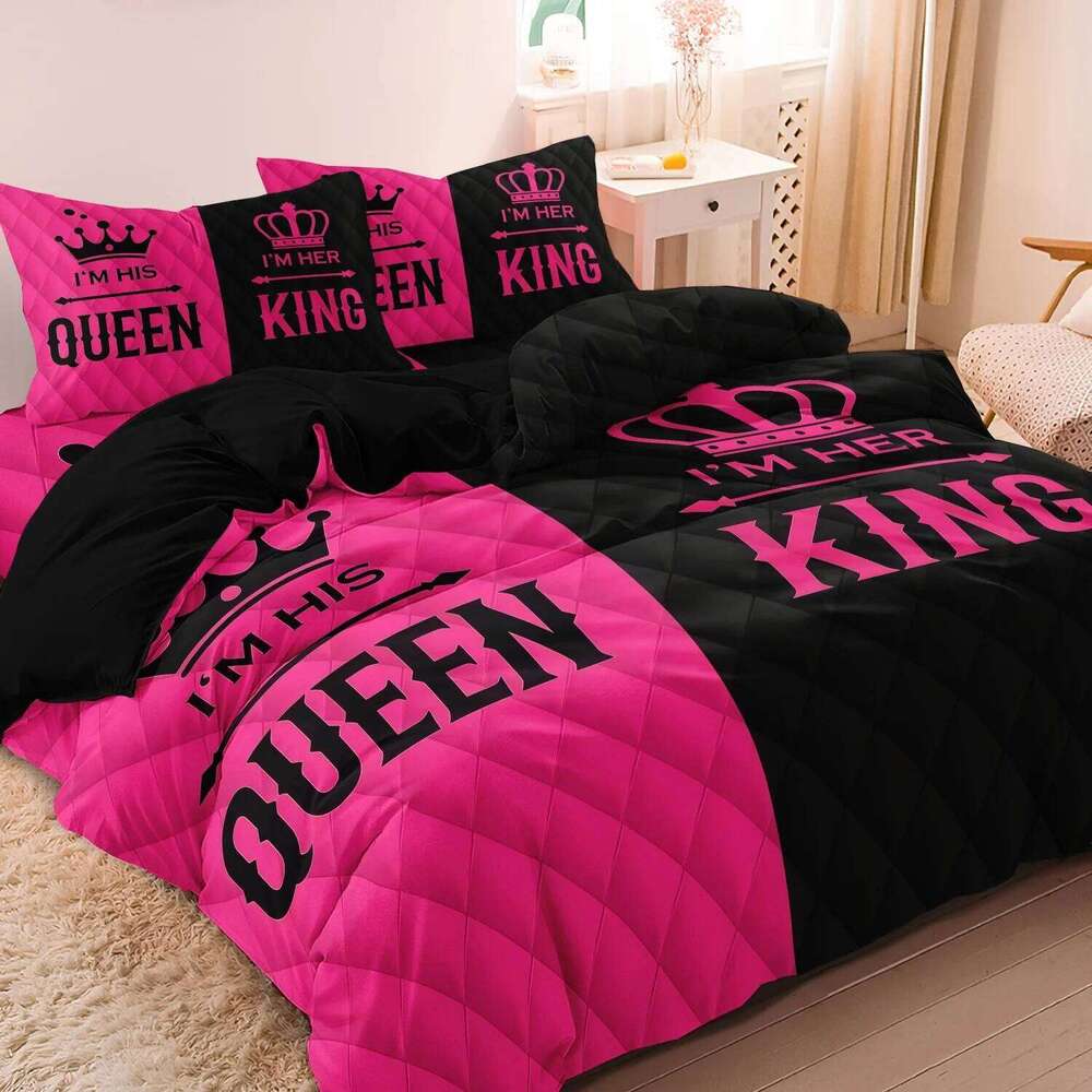 3pcs Couple's King & Queen Printed Duvet Cover Set,Romantic Heart Crown Design, Pink Black Contrast for Sweetness with Elegance XJ260206