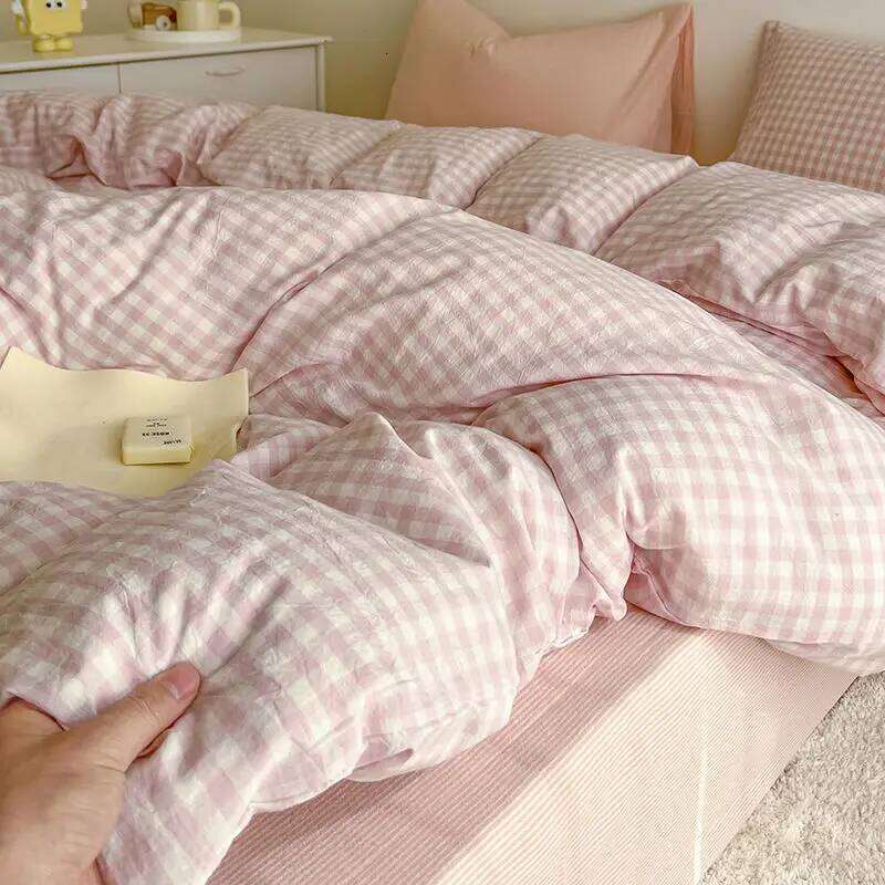 Pink Duvet Cover Classic Plaid Twin Queen Size Girls Boys Flat Sheet Pillowcase No Filler Soft Home Decor Bedding Set XJ260206
