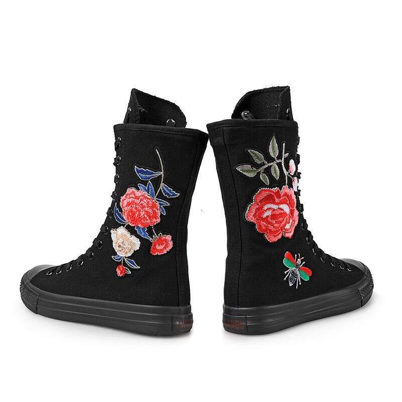 New Canvas Shoes Inner Zipper, Lace-Up, Breathable And Comfortable, Asymmetrical Pattern, Mid-High Top, Embroidered With Chinese Style Floral Designs 