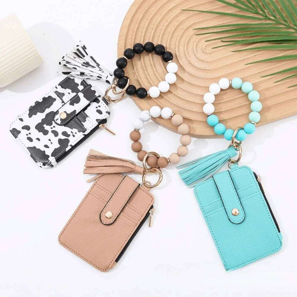 New PU Leather Boho Beaded Tassel Keychain Anti-Loss Wristlet Wallet Waterproof Storage Credit Card Holder Purse Women Y260206