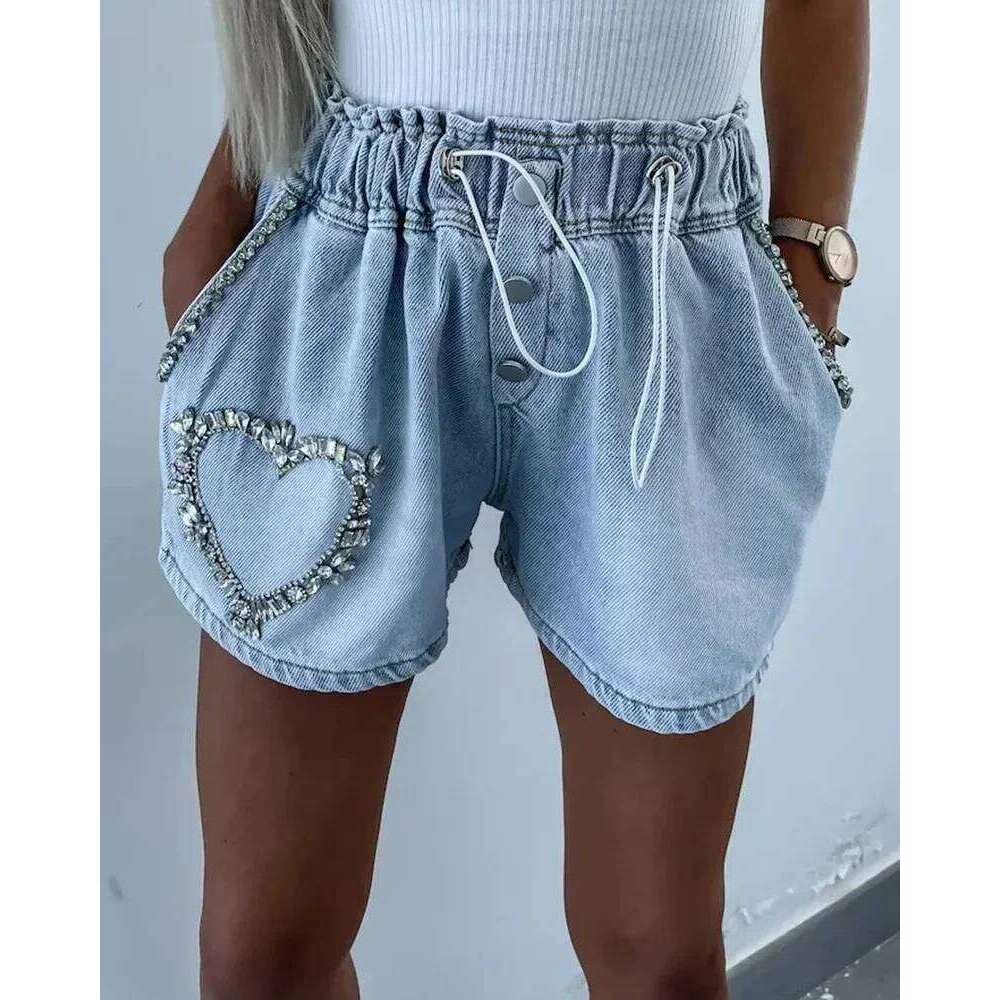 Rhinestone Heart Pattern Drawstring Denim Women Fashion Spring Summer Jeans Shorts Pants H260206