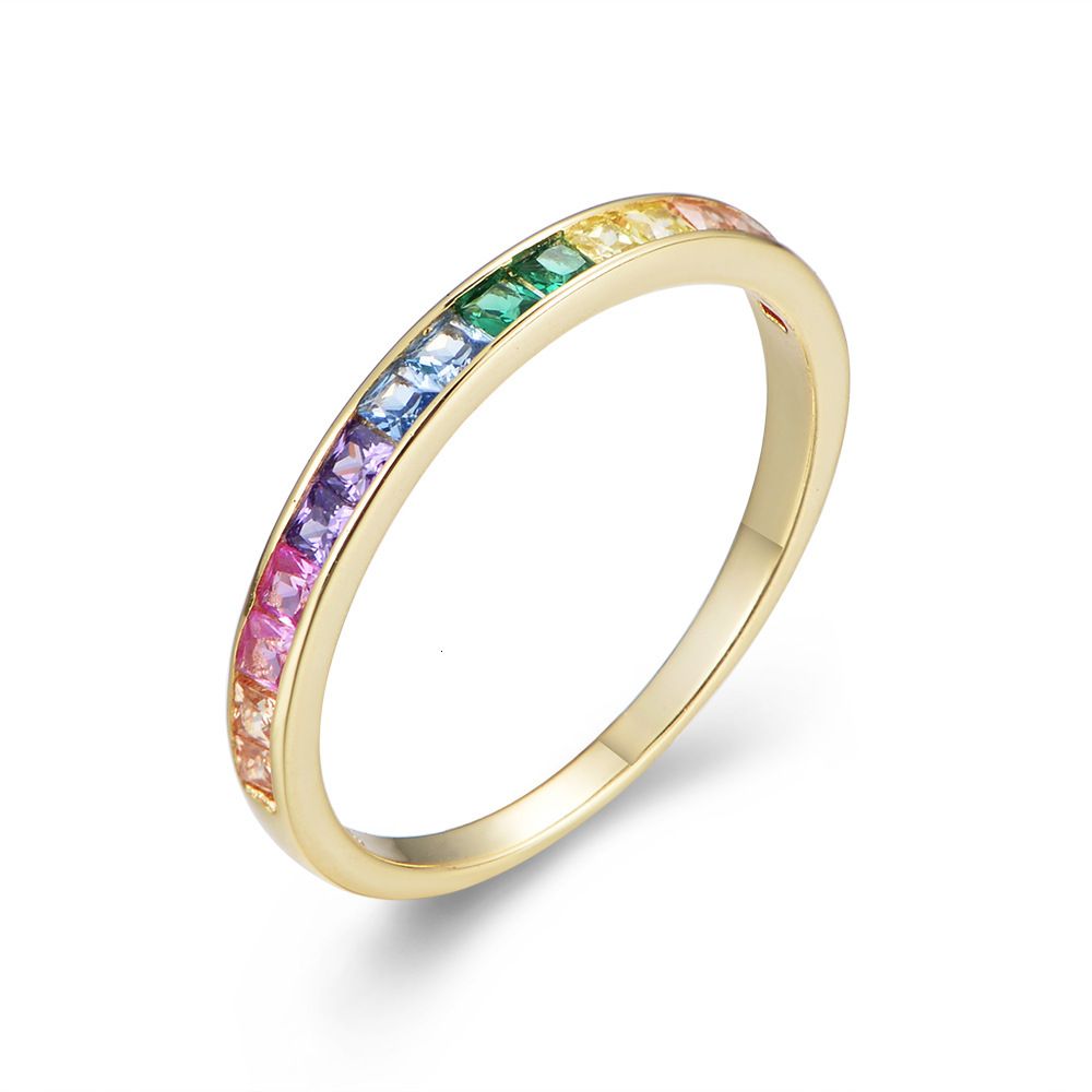 Peishang Accessories S925 Sterling Silver Micro-Inlaid Square Rainbow Zircon Women's Fashion Ring Jewelry