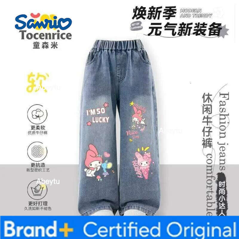 Sanrio Hello Kitty Fleece Lined Jeans for Girls Children Spring Autumn Winter New Style Comfortable Warm Kids Denim Pants H260206