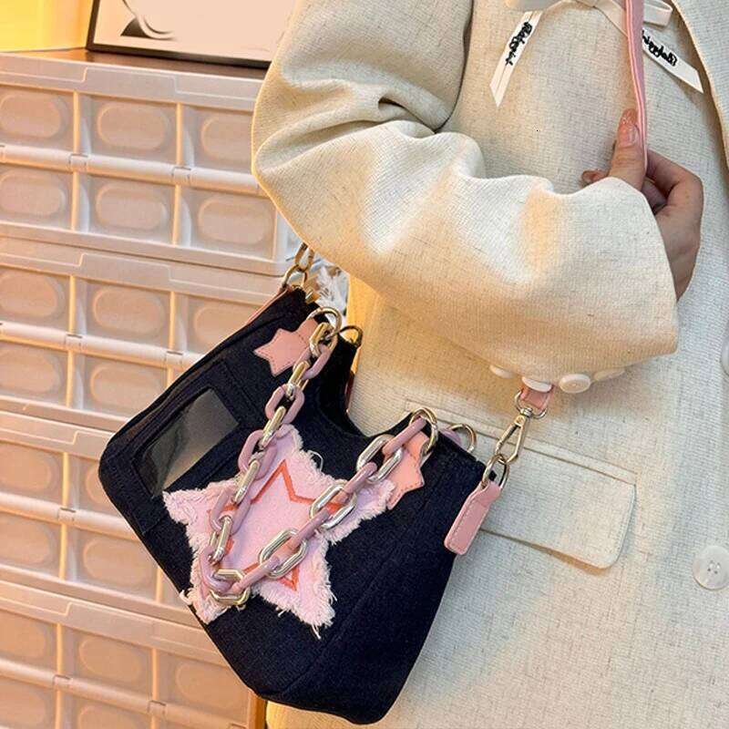 Y2K Vintage Korean Fashion Shoulder Underarm Harajuku Star Tote Denim Bag Chain Ladies Bags Zip Purses Handbags Women Y260205
