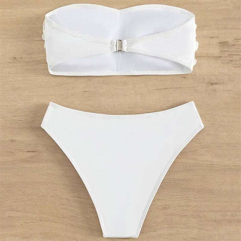 Sexy 3D Flower White Bandeau Bikini High Waist Swimwear 2025 Women Push Up Swimsuits Bathing Suit Bikinis Sets De Mujer Bathers XJ260206