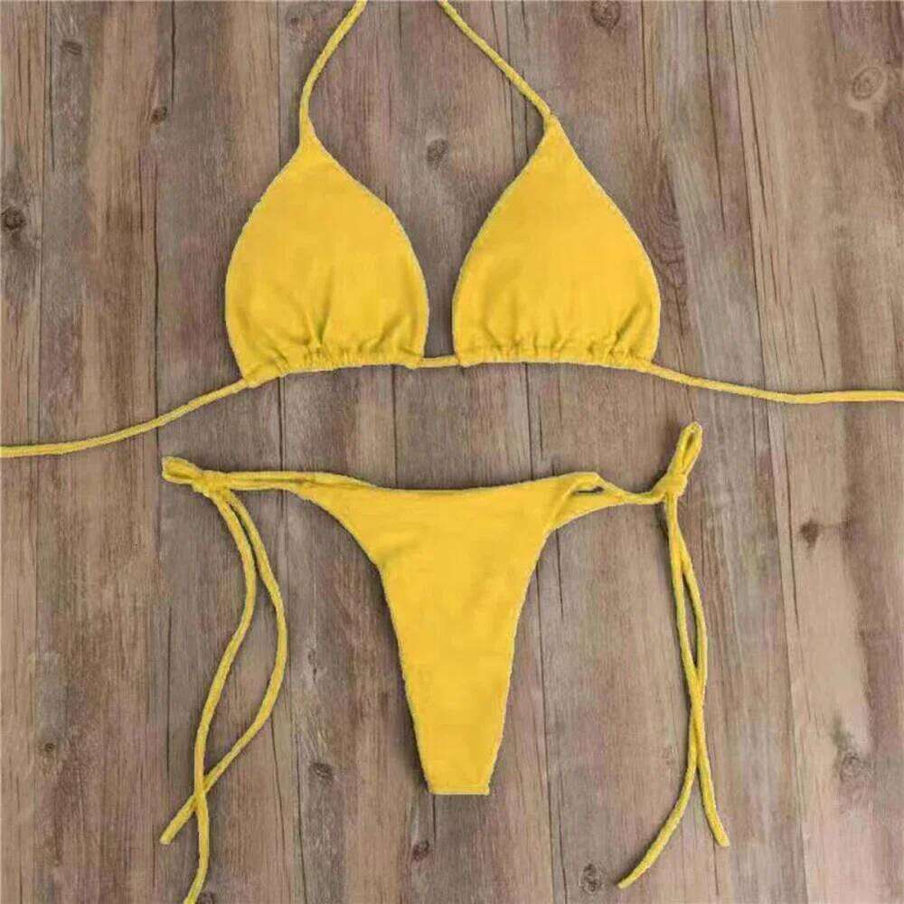 Sexy Women Thong Solid Color Bikini Set Side Halter Tie Swimsuit Ladies Split Strap Adjustable Brazilian Swimwear Soft Beachwear Z260206