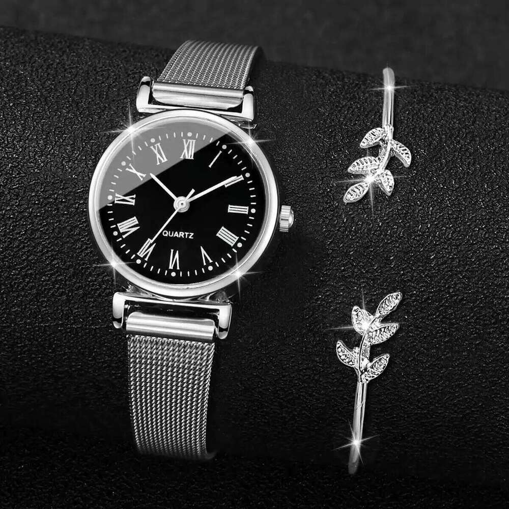 2PCS/Set Fashion Women Watches Casual Mesh Band Quartz Watch Opening Cuff Bracelet Bangle SetWithout Box Z260206