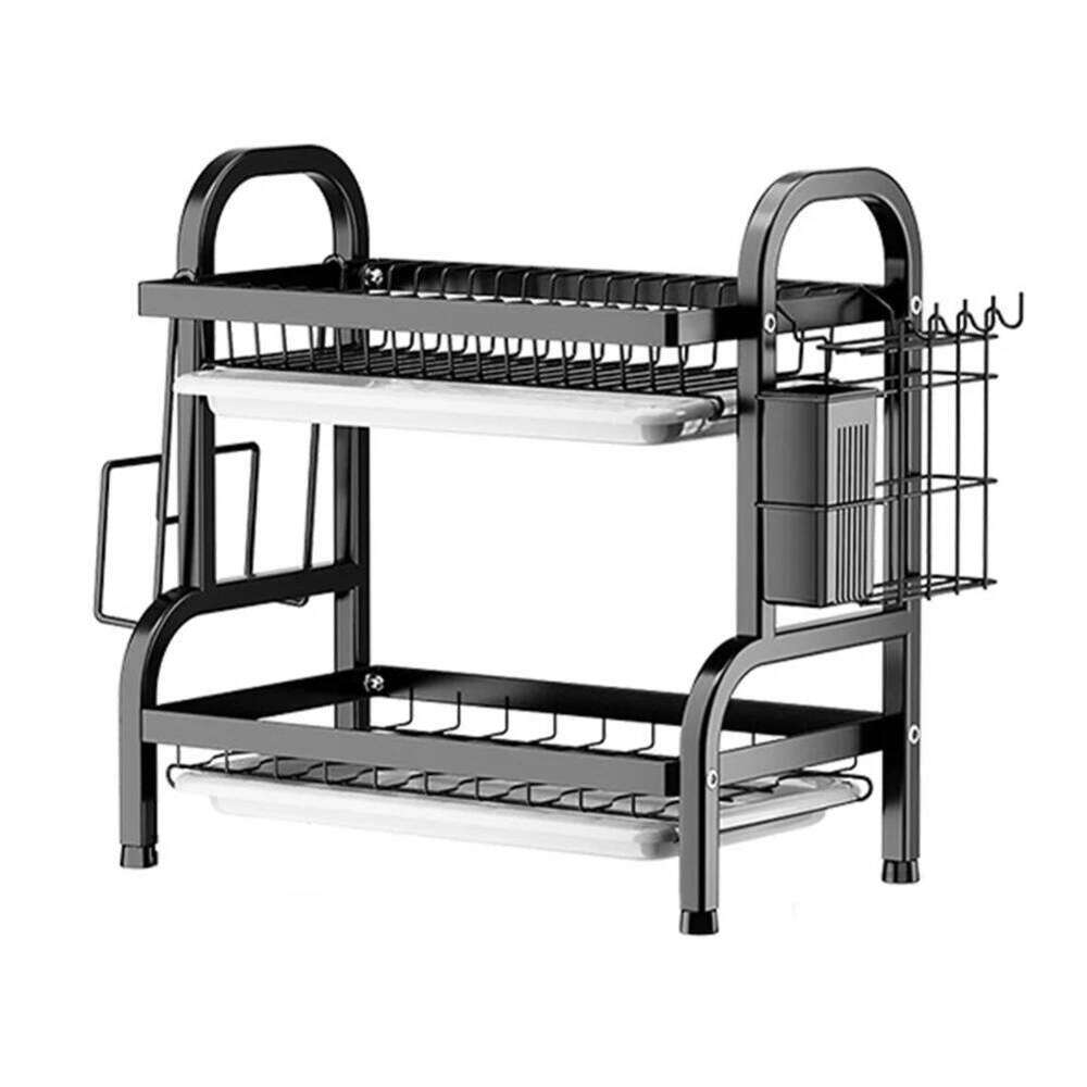 2 Tier Drainer with Drainboard Dish Rack Large Capacity Household Tray Box Basket Saving Space for Small Kitchen Countertop 26H0206