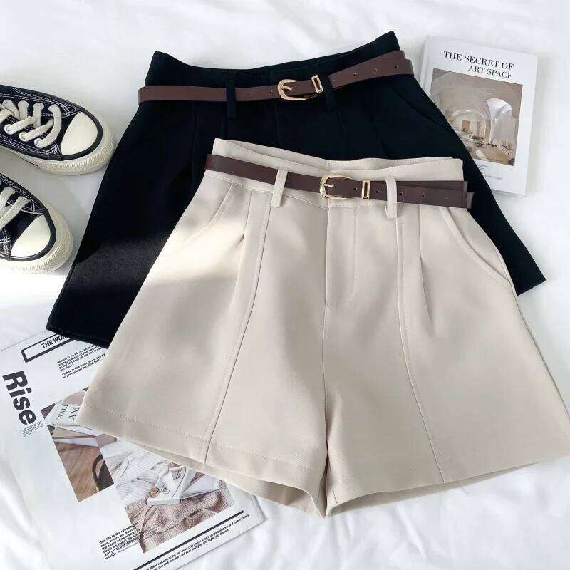 ITOOLIN Chic Slim Suit With Belted Casual High Waist A-line Office Shorts Vintage Women Straight Trousers Summer XJ260206