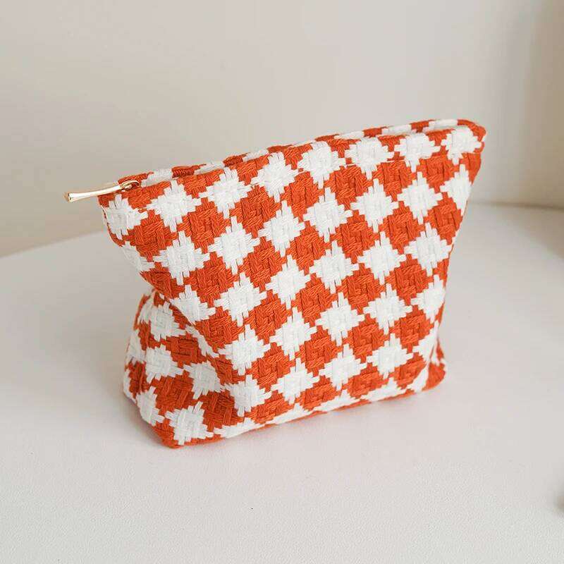 DJDF Orange Plaid Women's Cosmetic Small Double Canvas Portable Zipper Lipstick Storage Bag Commuter Coin Purse Card Holder Y260206