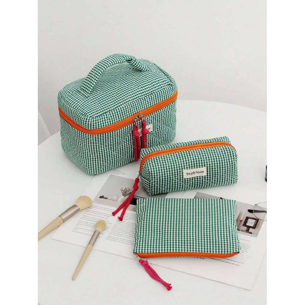 1Pc/Set Plaid Design Green Color with String Cosmetic Organizer Handbag Set For Home, Travel, Vacation And School Use Y260206