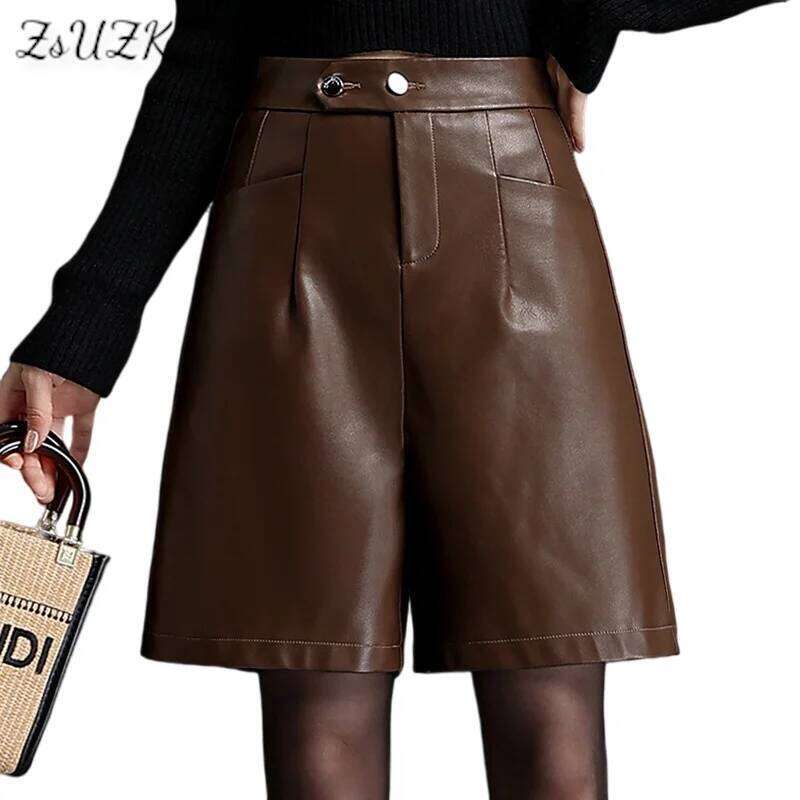 ZUZK PU Leather For Women Loose Autumn Winter Motorcycle Punk High Waist Fashion Bermuda Shorts Femme XJ260206