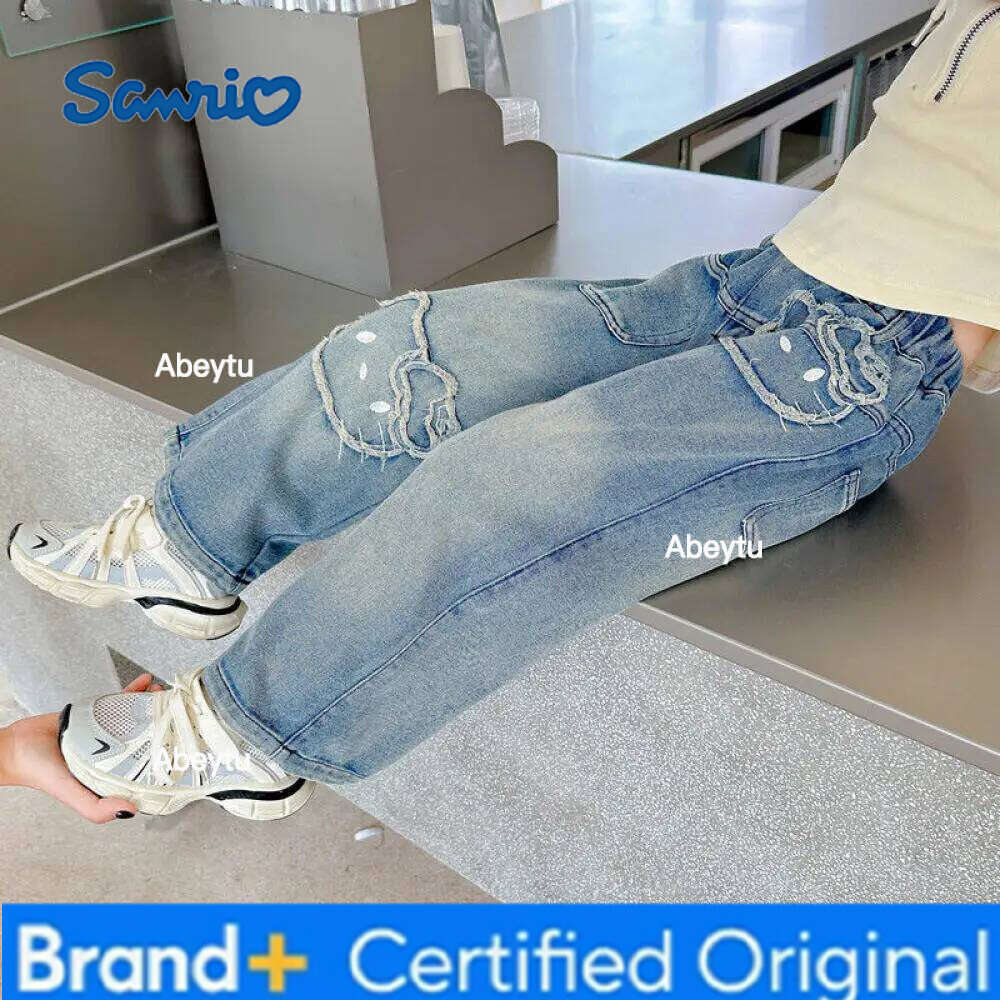 Sanrio Hello Kitty Girls' Spring/autumn New Children Stylish Baby Girl Wide Pants Children's Autumn Straight Leg Jeans H260206