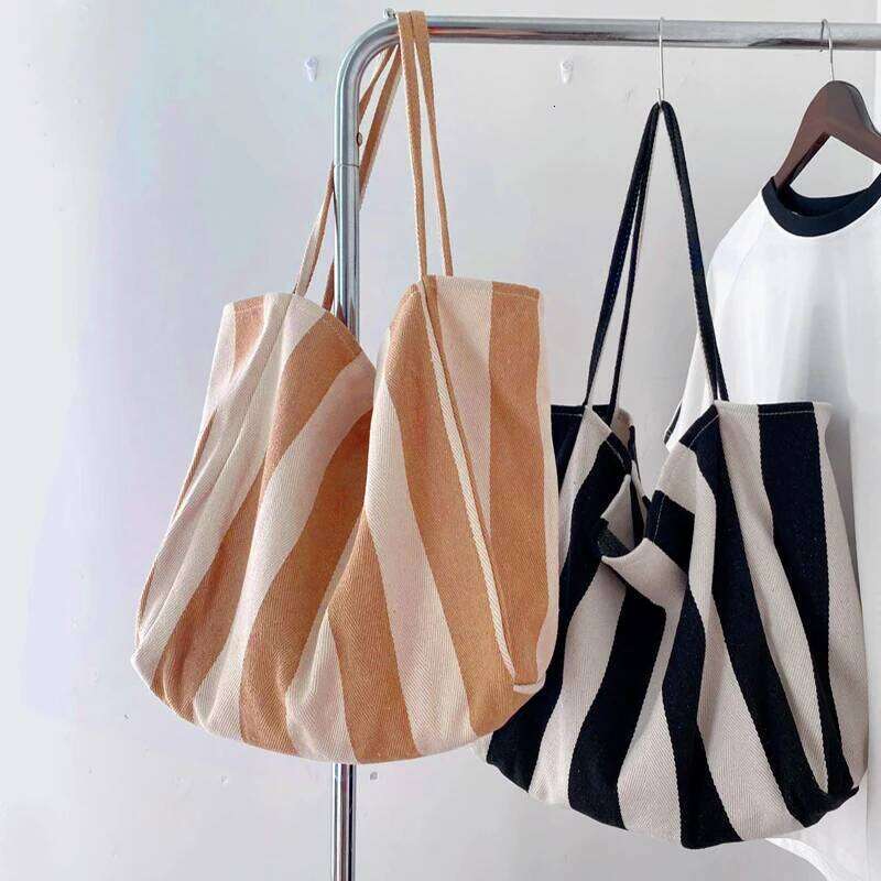 Large Capacity Canvas Top Handle Women's Summer Stripe Simple Ladies Casual Handbag Outdoor Shoulder Bag Y260205