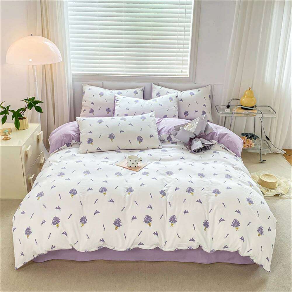Home Textiles Soft Four-piece Bedding Set Pillowcase Purple Washed Cotton Flower Duvet Cover for Children Women Men Bed Sheet XJ260206