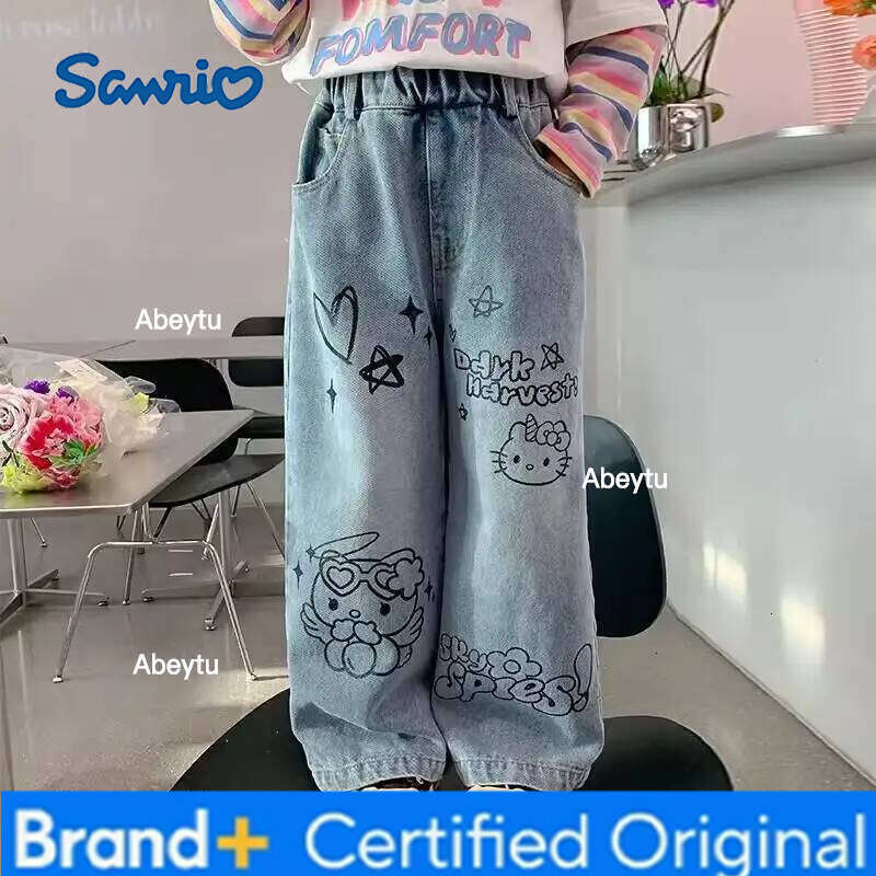 Sanrio Spring Autumn New Children's Jeans Girls Wide Leg Pants Hello Kittys Straight Trousers Kawaii Cartoon Leisure Fashion H260206