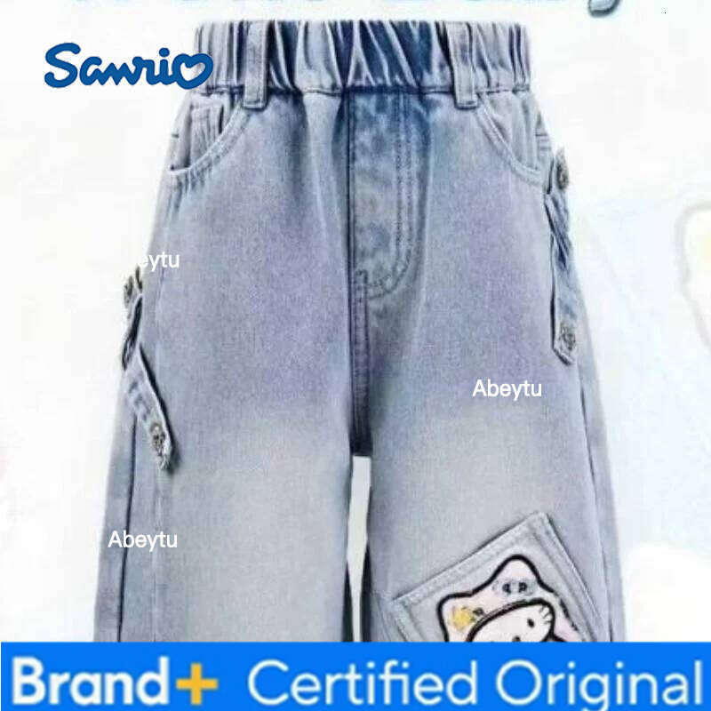 Sanrio Hello Kitty Girls Jeans Straight Wide Leg Loose Fit Fleece-Lined Warm Spring Autumn Winter Sweet Kawaii Kids Denim Pants H260206